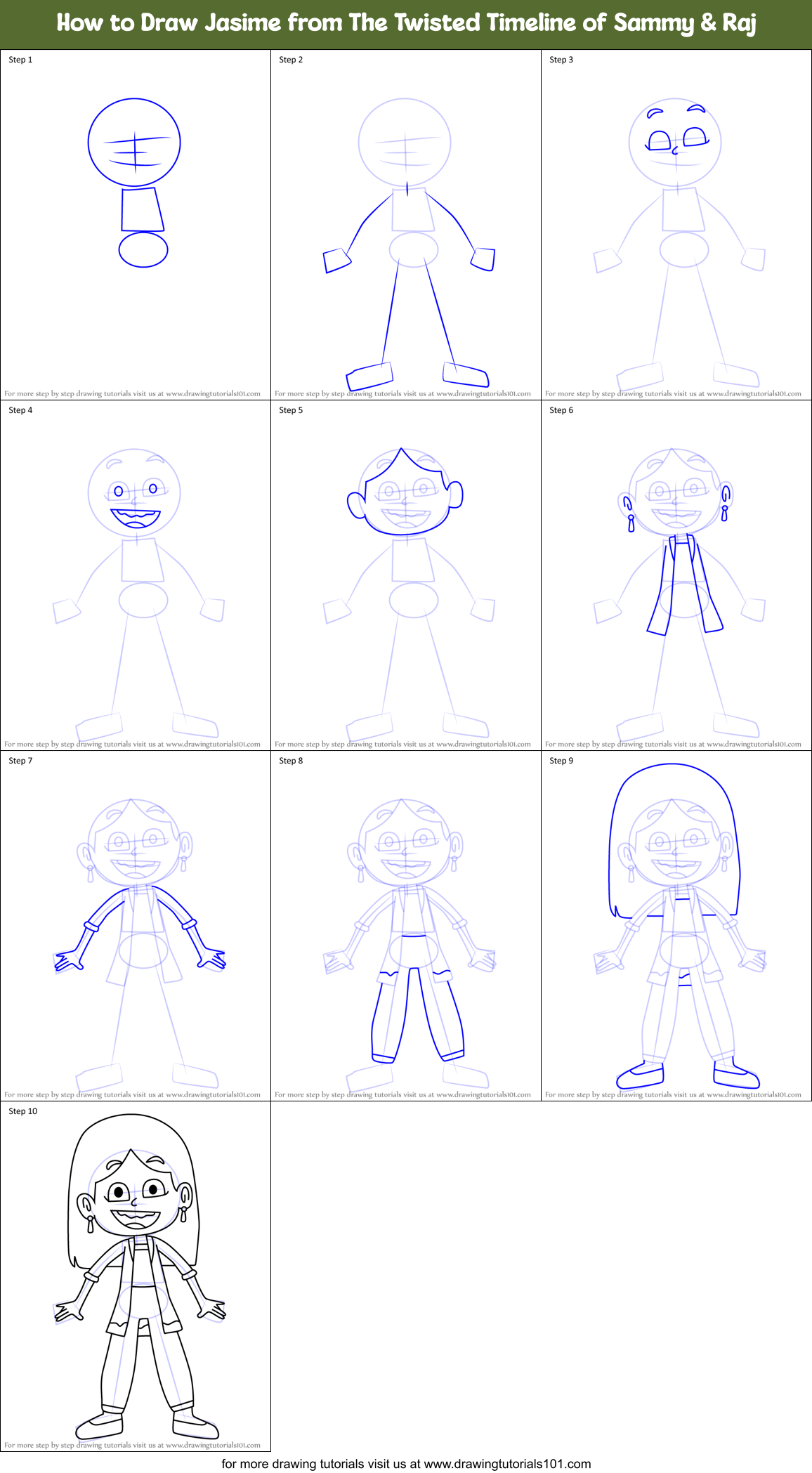 How to Draw Jasime from The Twisted Timeline of Sammy & Raj Printable Step by Step