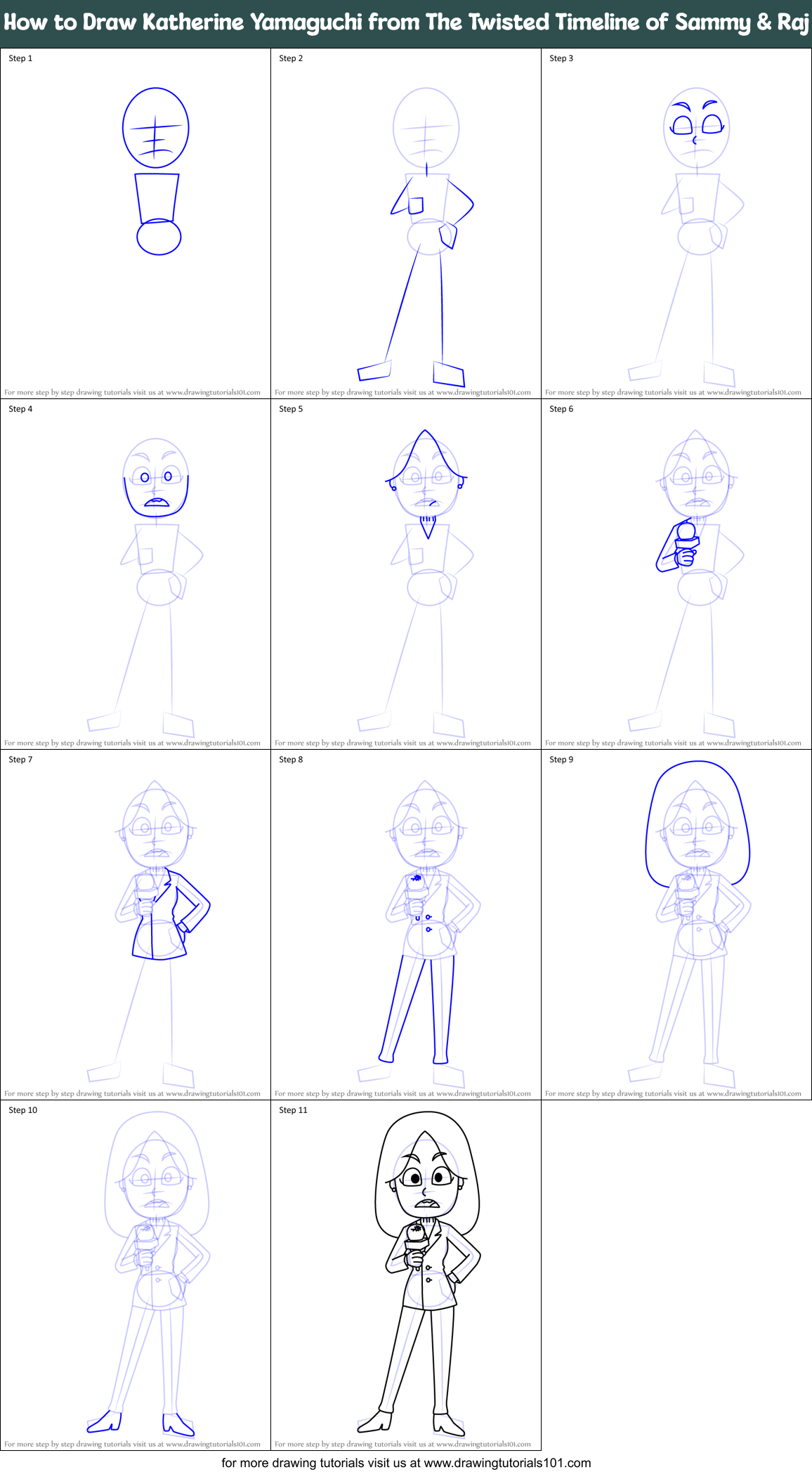How to Draw Katherine Yamaguchi from The Twisted Timeline of Sammy & Raj Printable Step by Step