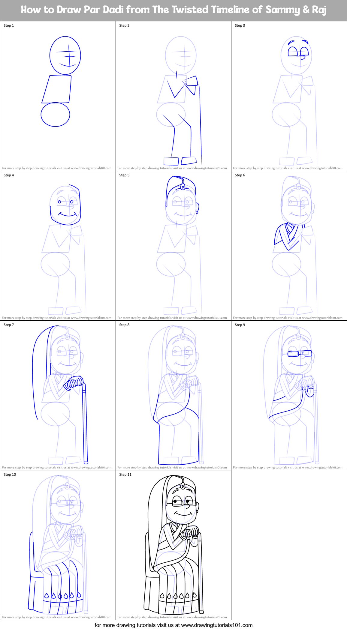 How to Draw Par Dadi from The Twisted Timeline of Sammy & Raj Printable Step by Step