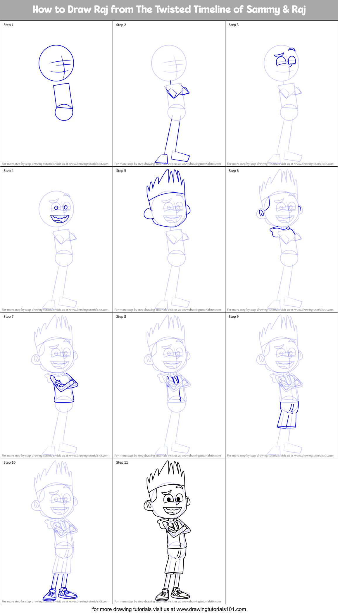 How to Draw Raj from The Twisted Timeline of Sammy & Raj Printable Step by Step