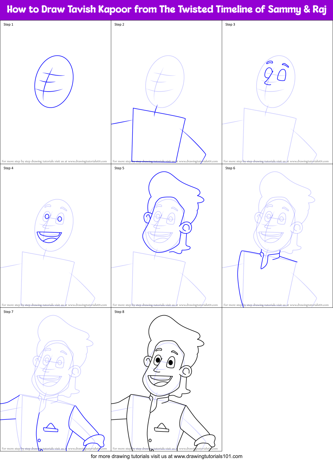 How to Draw Tavish Kapoor from The Twisted Timeline of Sammy & Raj Printable Step by Step