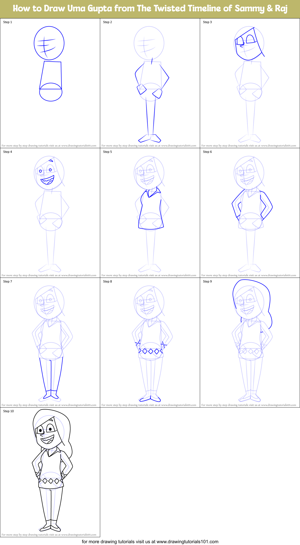 How to Draw Uma Gupta from The Twisted Timeline of Sammy & Raj Printable Step by Step