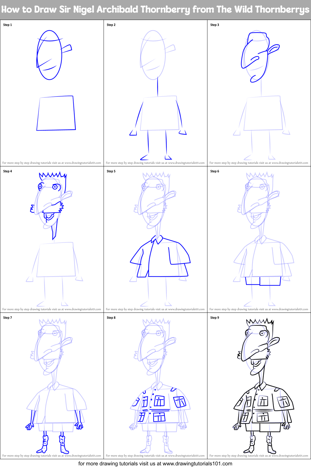 How to Draw Sir Nigel Archibald Thornberry from The Wild Thornberrys Printable Step by Step