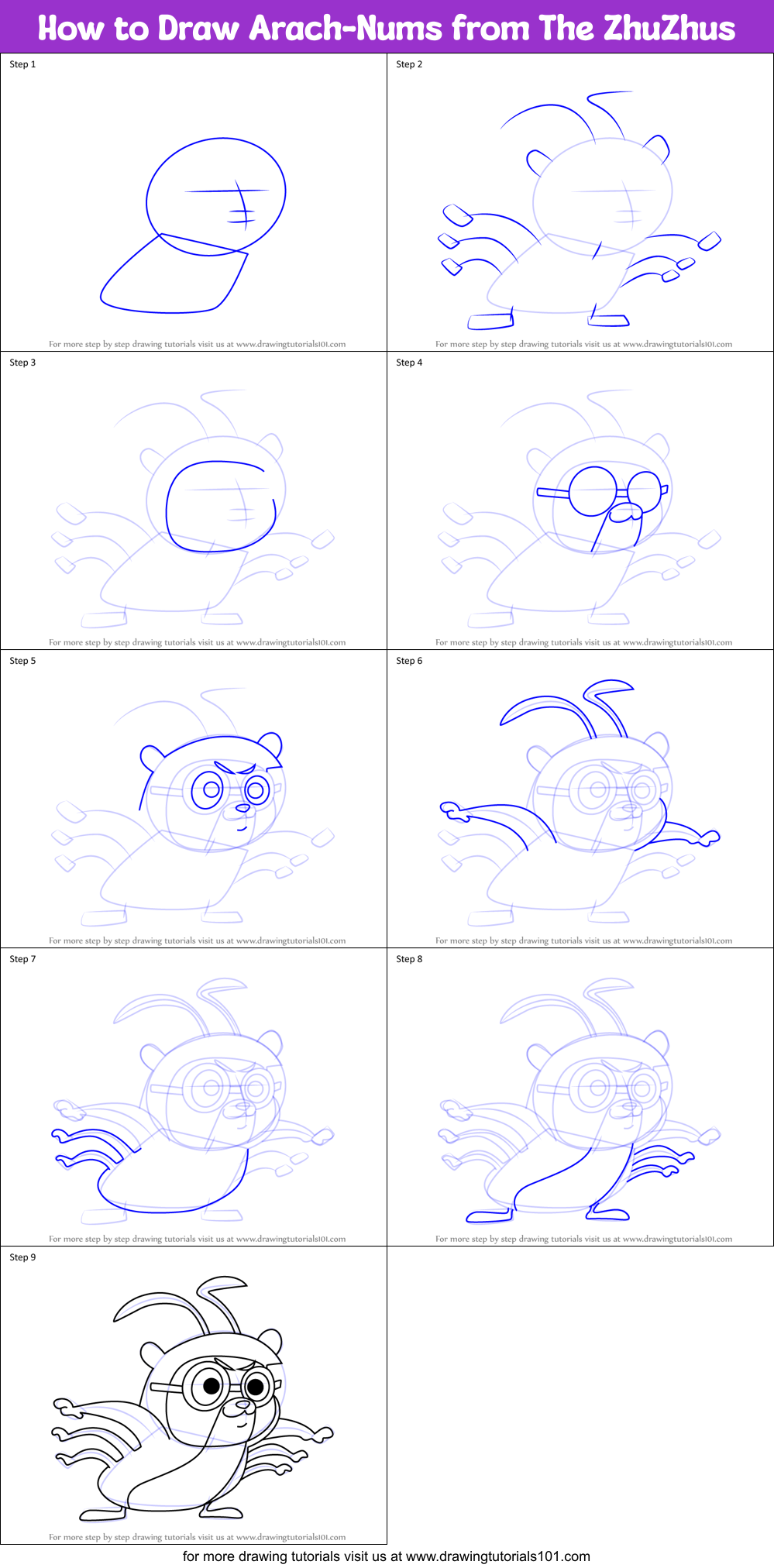 How to Draw Arach-Nums from The ZhuZhus Printable Step by Step