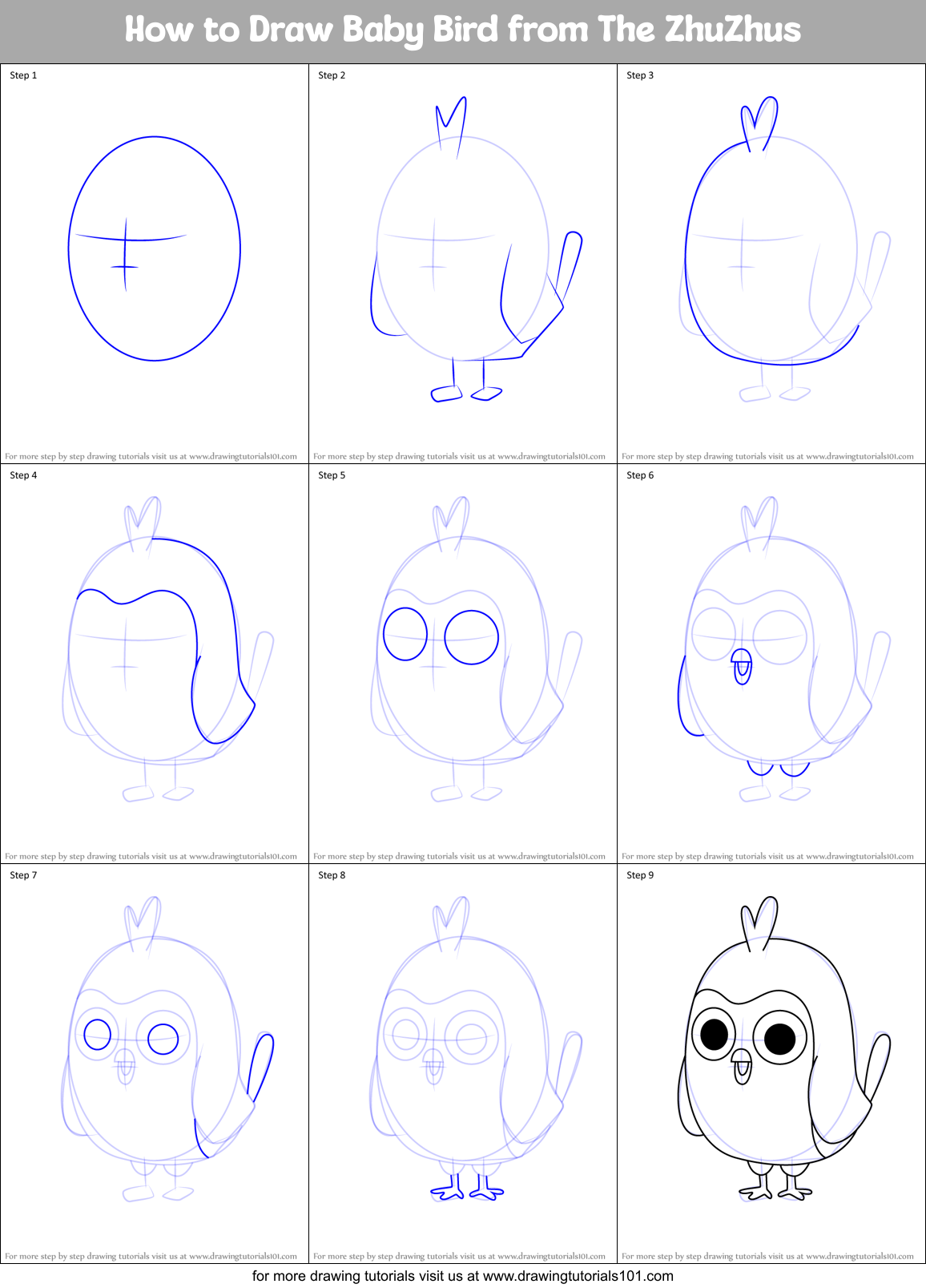 How to Draw Baby Bird from The ZhuZhus Printable Step by Step