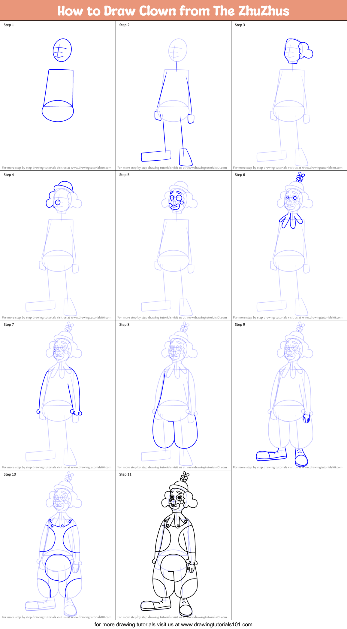 How to Draw Clown from The ZhuZhus Printable Step by Step