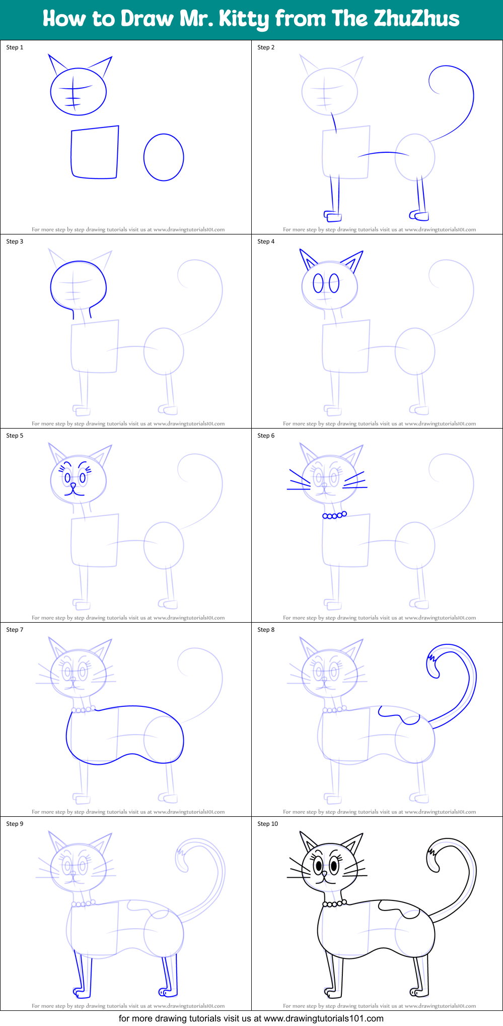 How to Draw Mr. Kitty from The ZhuZhus Printable Step by Step