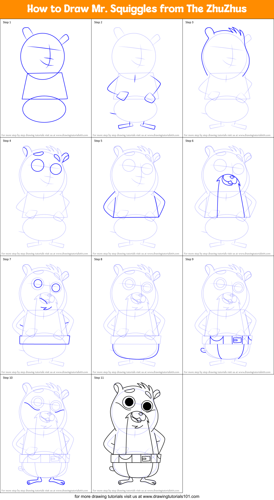 How to Draw Mr. Squiggles from The ZhuZhus Printable Step by Step