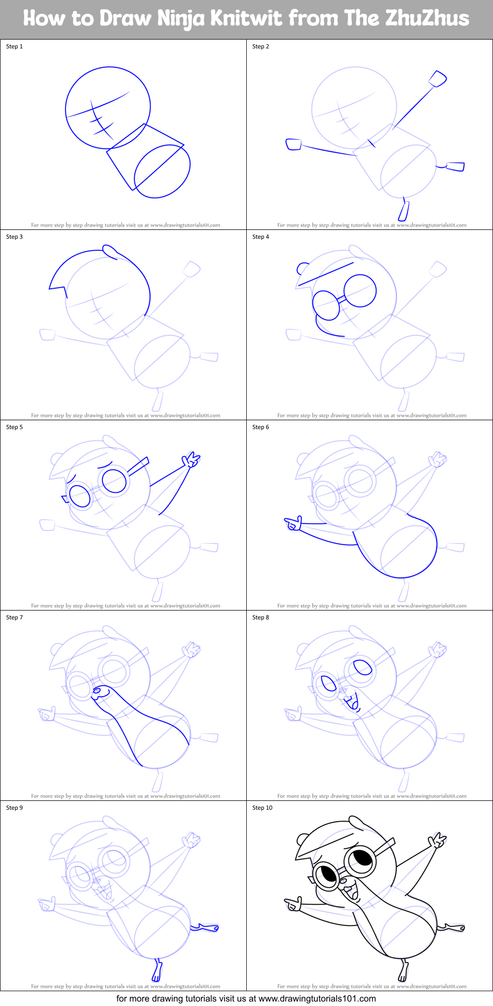 How to Draw Ninja Knitwit from The ZhuZhus Printable Step by Step
