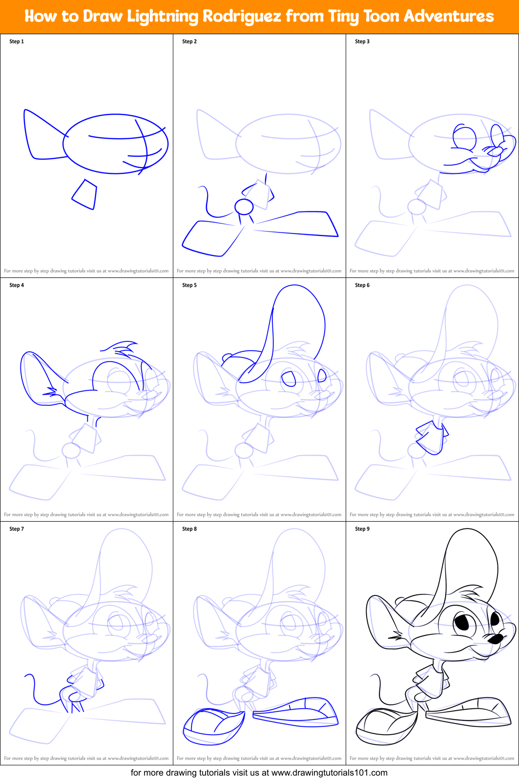 How to Draw Lightning Rodriguez from Tiny Toon Adventures Printable Step by Step