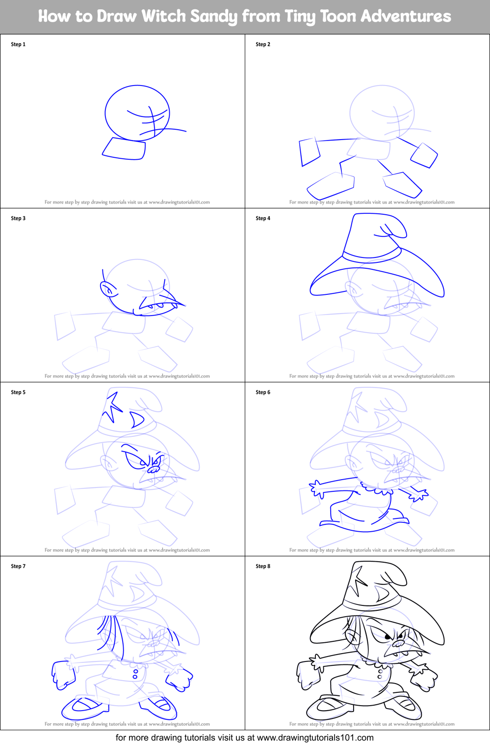 How to Draw Witch Sandy from Tiny Toon Adventures Printable Step by Step