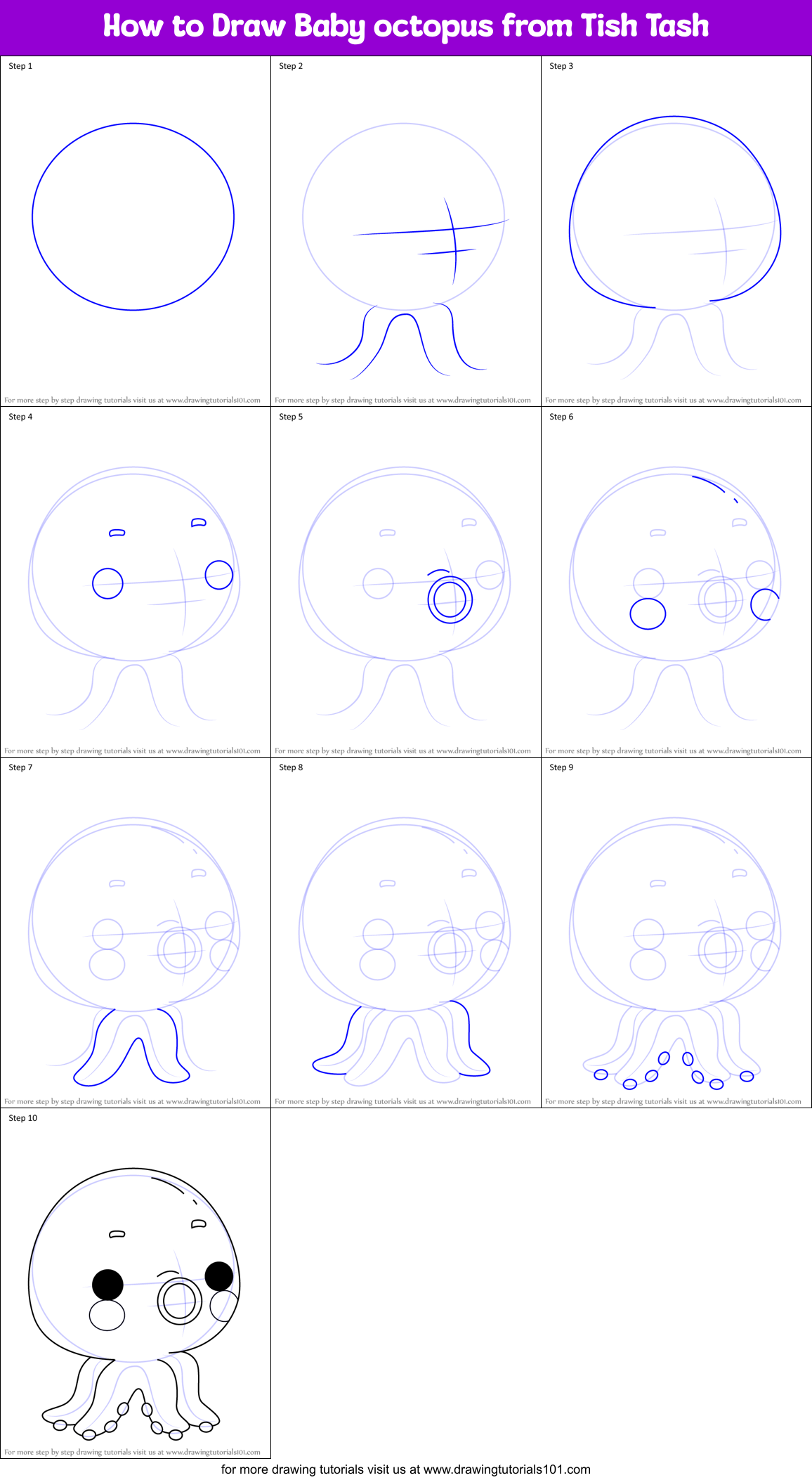 How to Draw Baby octopus from Tish Tash Printable Step by Step