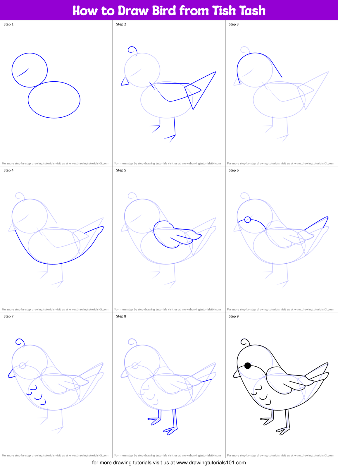 How to Draw Bird from Tish Tash Printable Step by Step