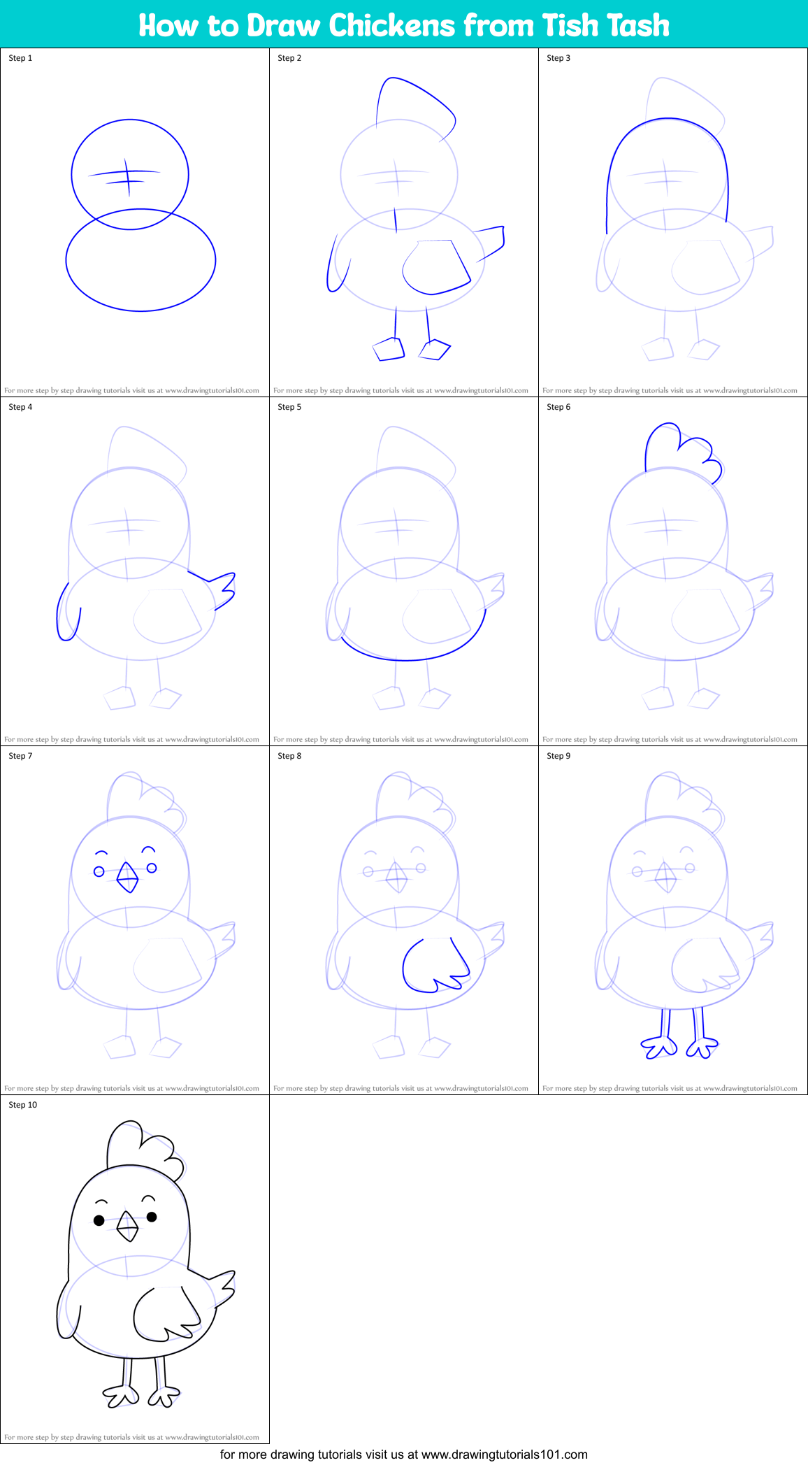 How to Draw Chickens from Tish Tash Printable Step by Step