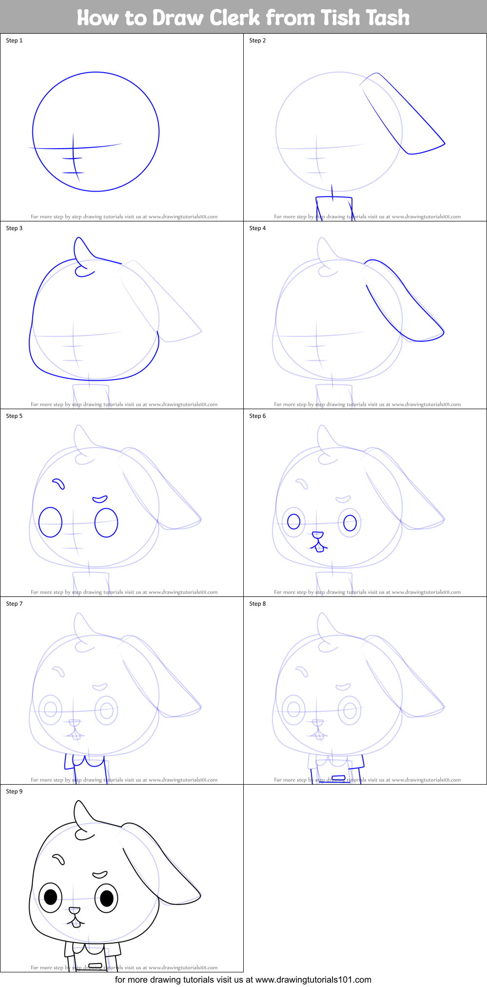 How to Draw Clerk from Tish Tash Printable Step by Step