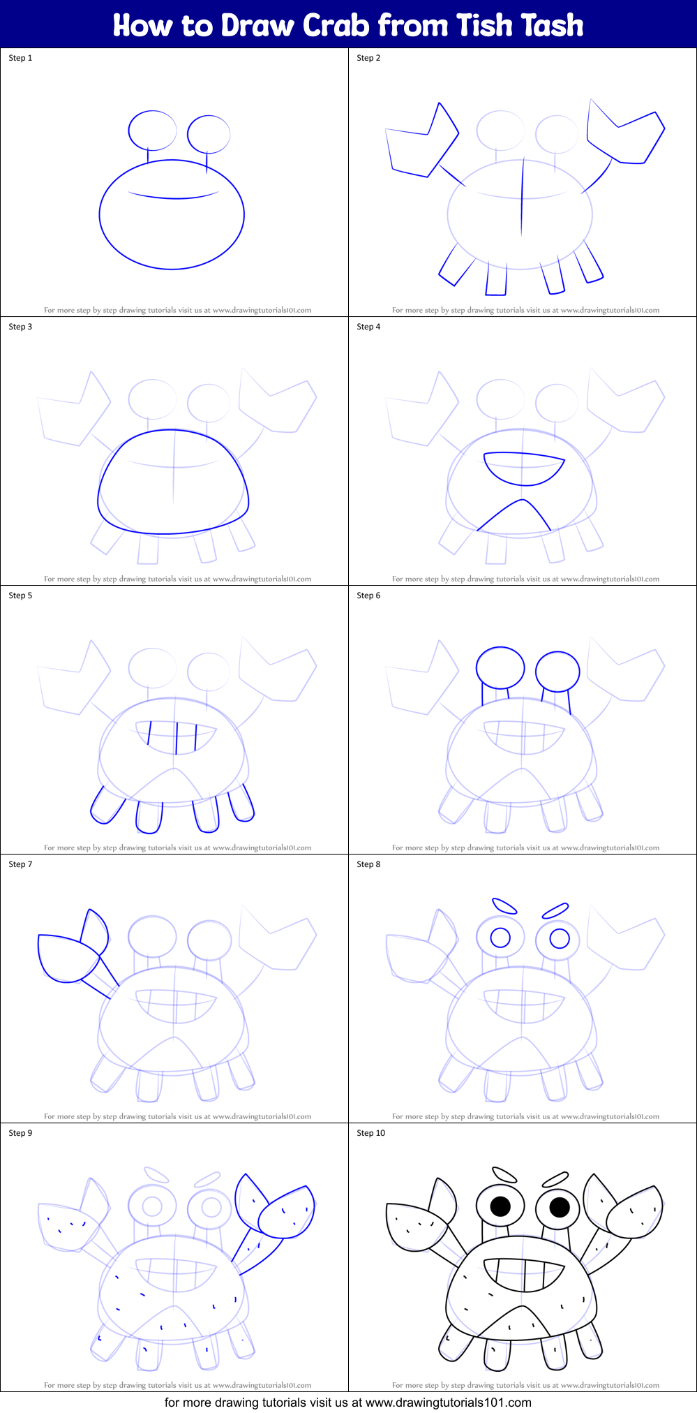 How to Draw Crab from Tish Tash Printable Step by Step