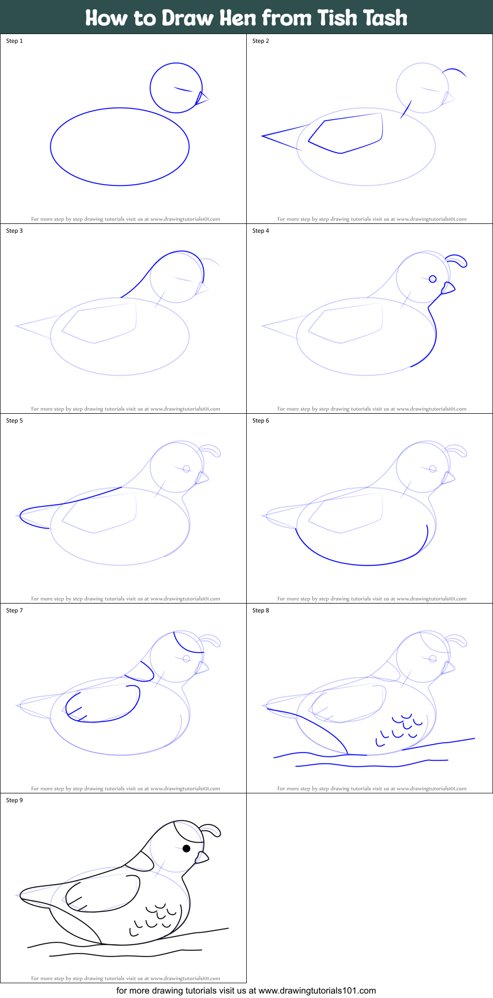 How to Draw Hen from Tish Tash Printable Step by Step