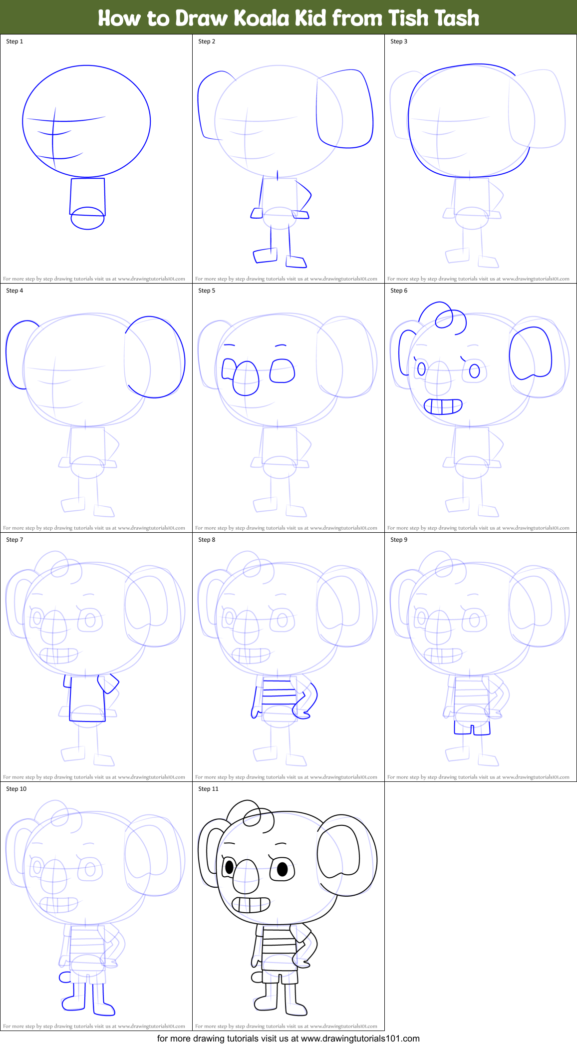How to Draw Koala Kid from Tish Tash Printable Step by Step
