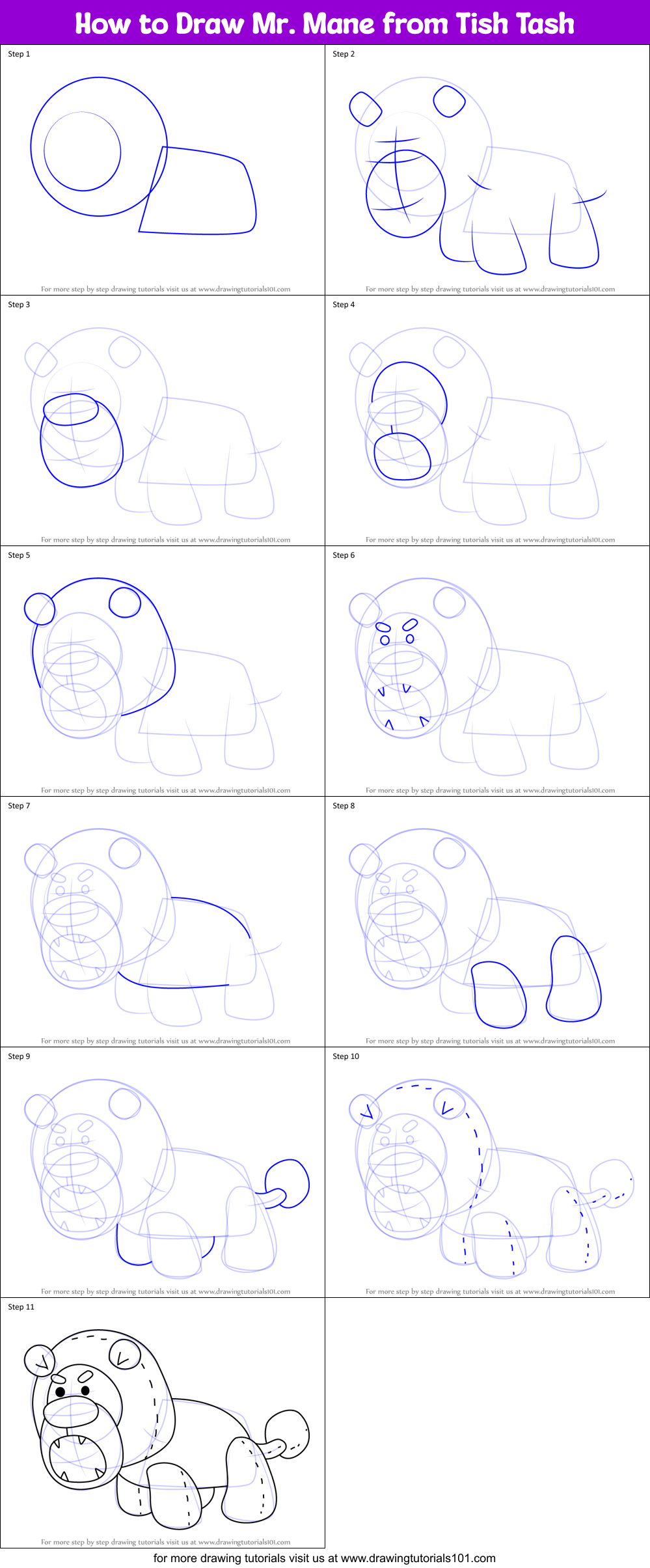 How to Draw Mr. Mane from Tish Tash Printable Step by Step