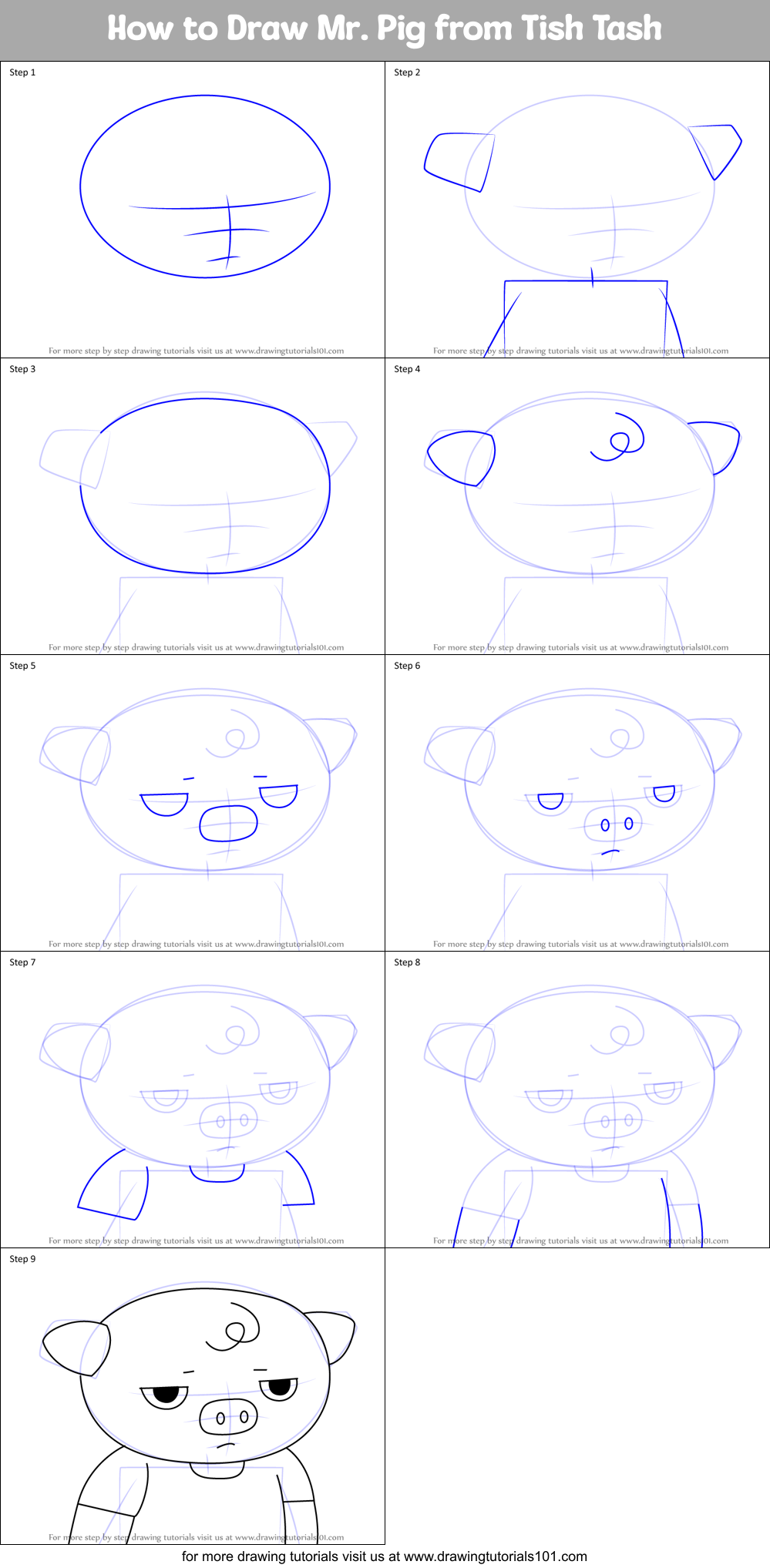 How to Draw Mr. Pig from Tish Tash Printable Step by Step
