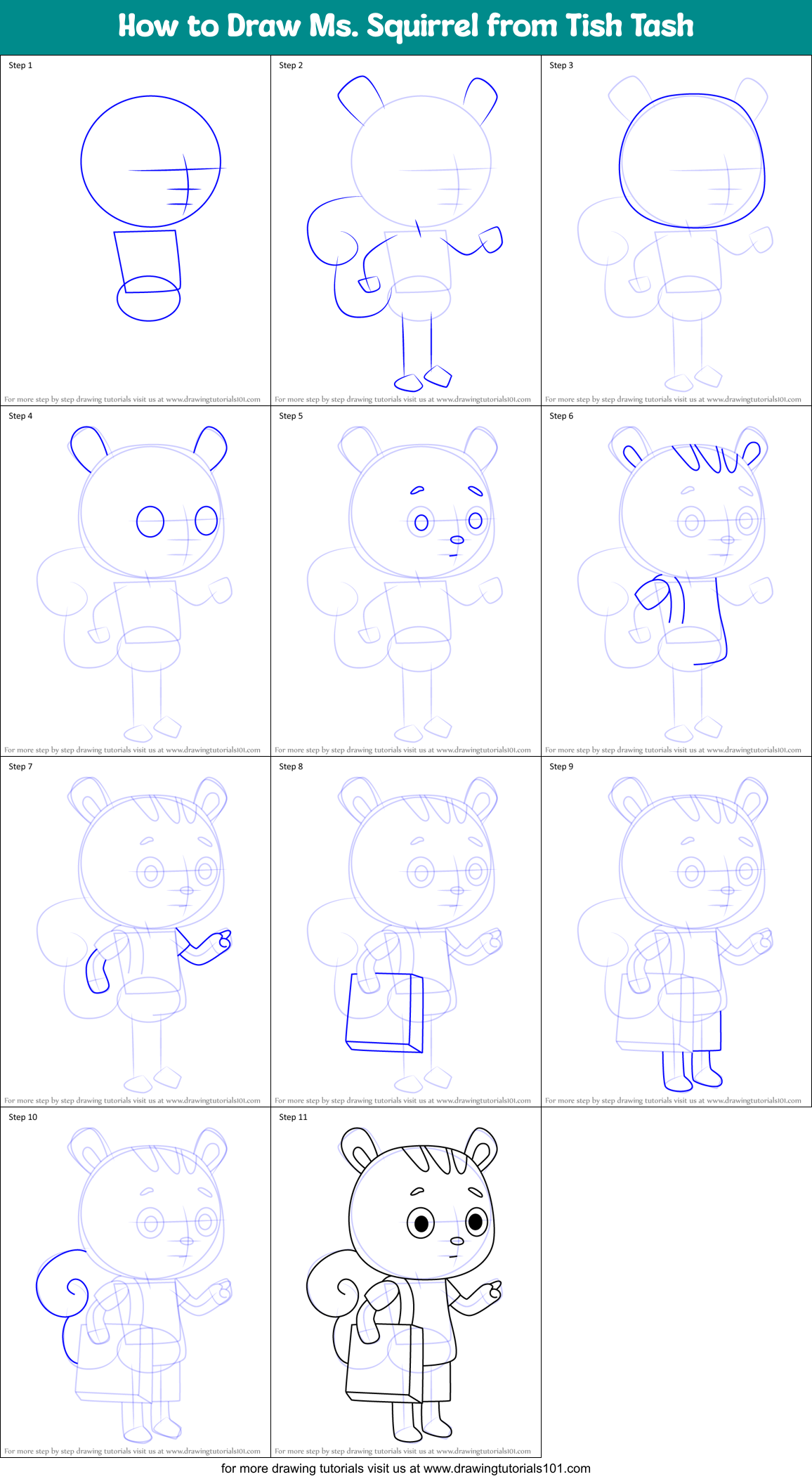 How to Draw Ms. Squirrel from Tish Tash Printable Step by Step