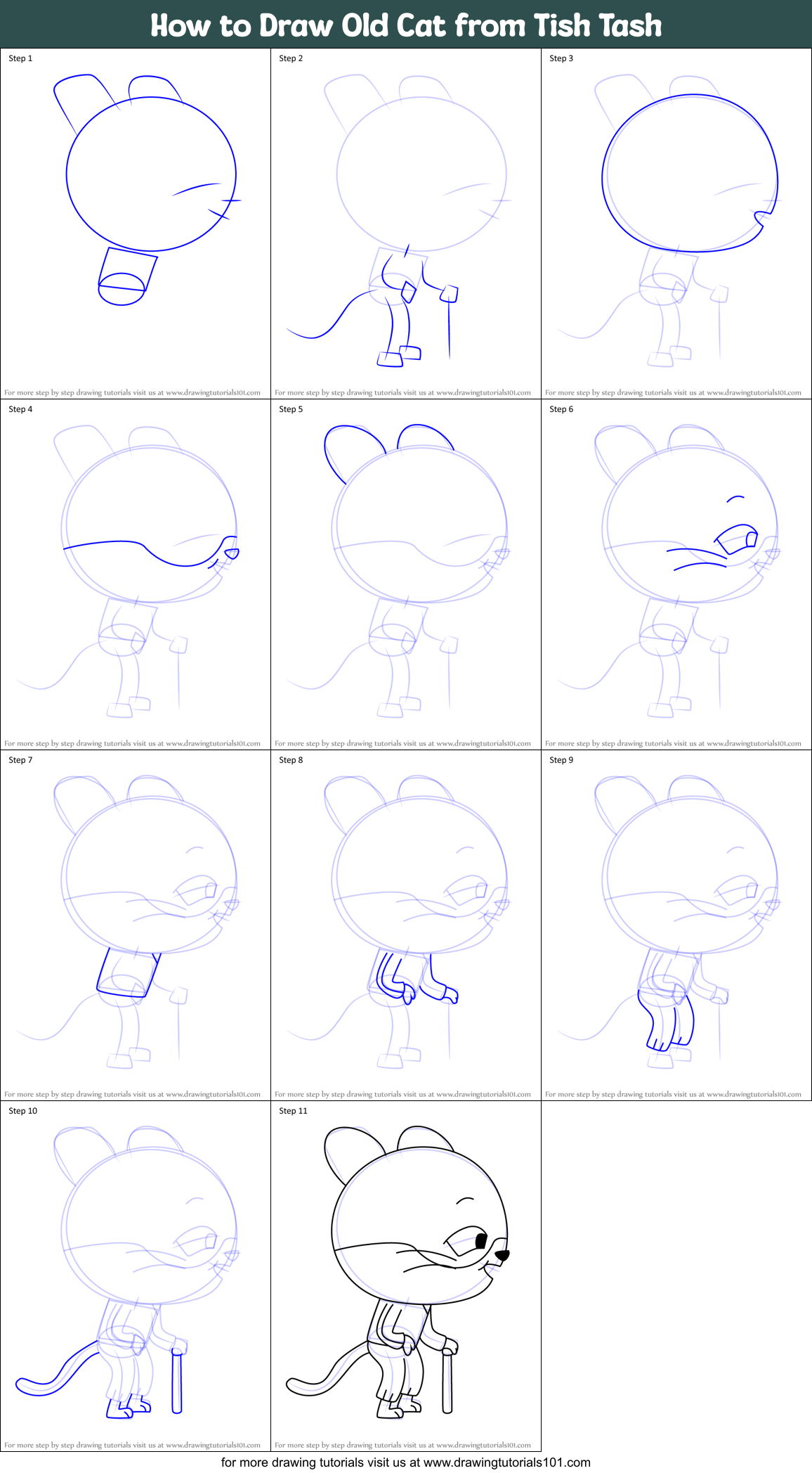 How to Draw Old Cat from Tish Tash Printable Step by Step