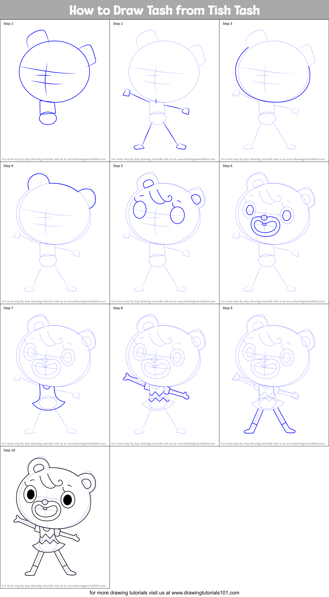 How to Draw Tash from Tish Tash Printable Step by Step