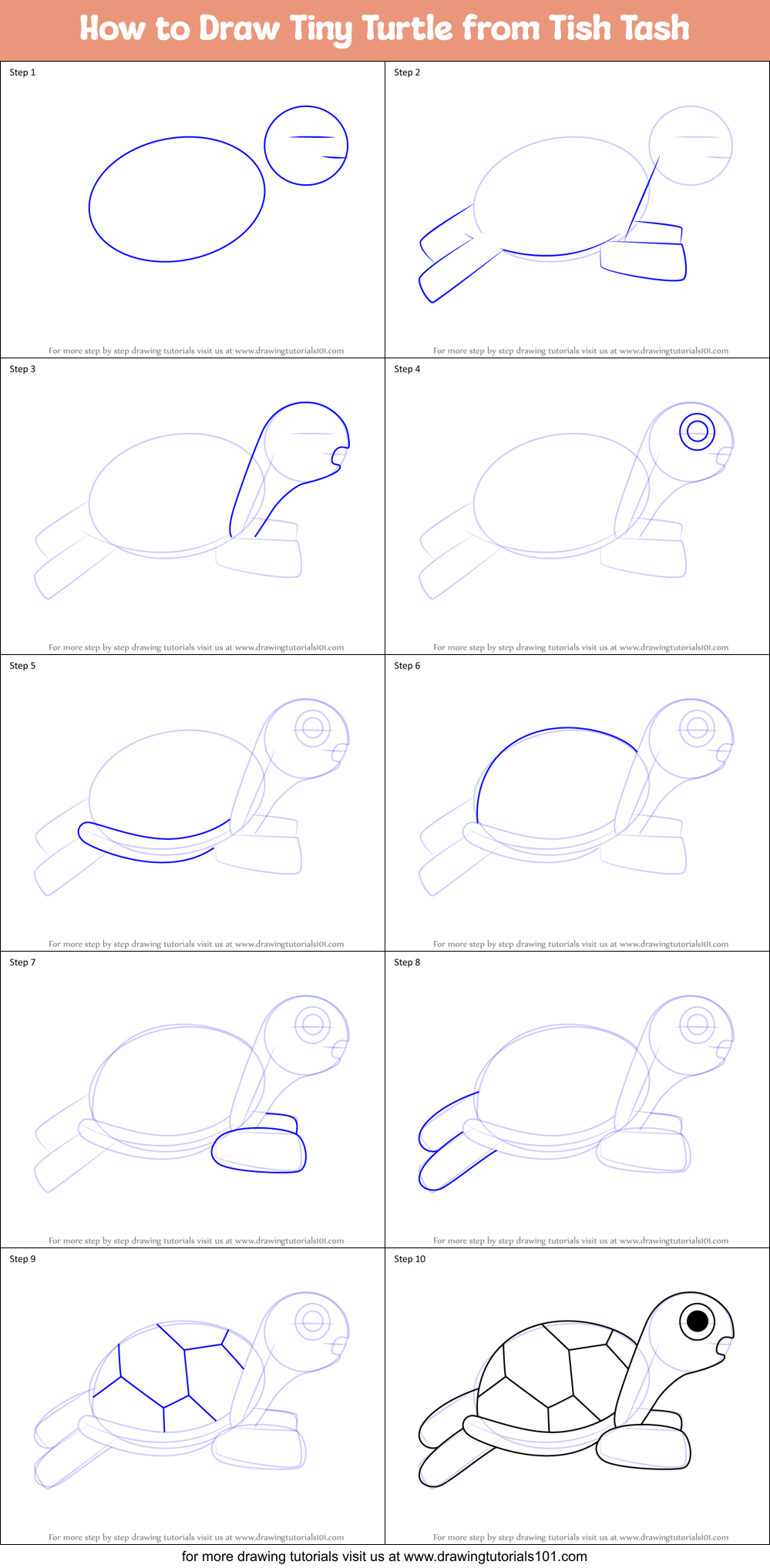 How to Draw Tiny Turtle from Tish Tash Printable Step by Step
