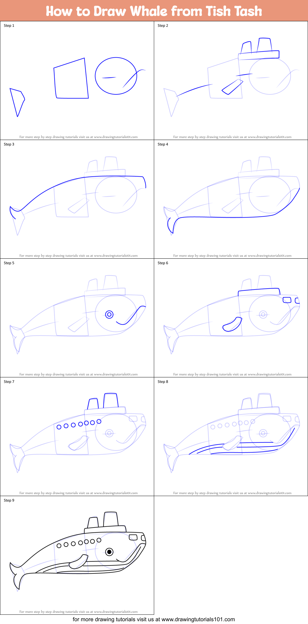 How to Draw Whale from Tish Tash Printable Step by Step