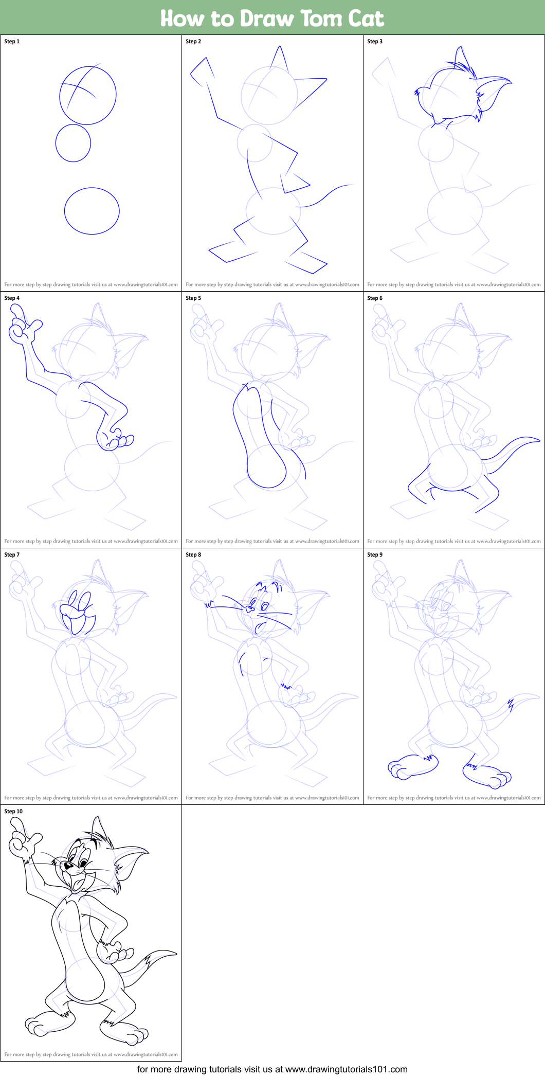 How to Draw Tom Cat printable step by step drawing sheet