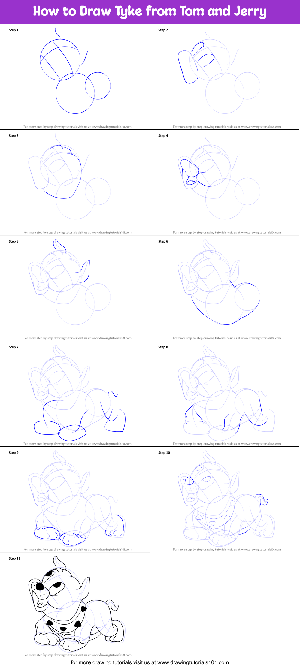 How to Draw Tyke from Tom and Jerry Printable Step by Step