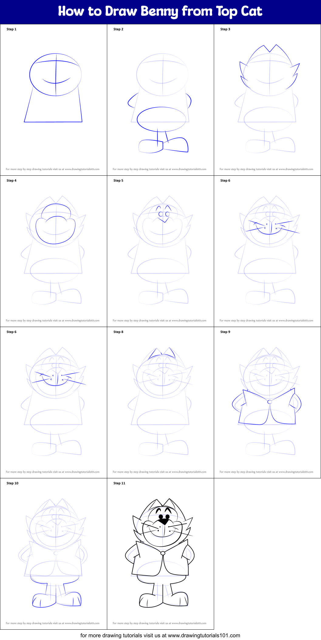 How to Draw Benny from Top Cat printable step by step drawing sheet :  DrawingTutorials101.com