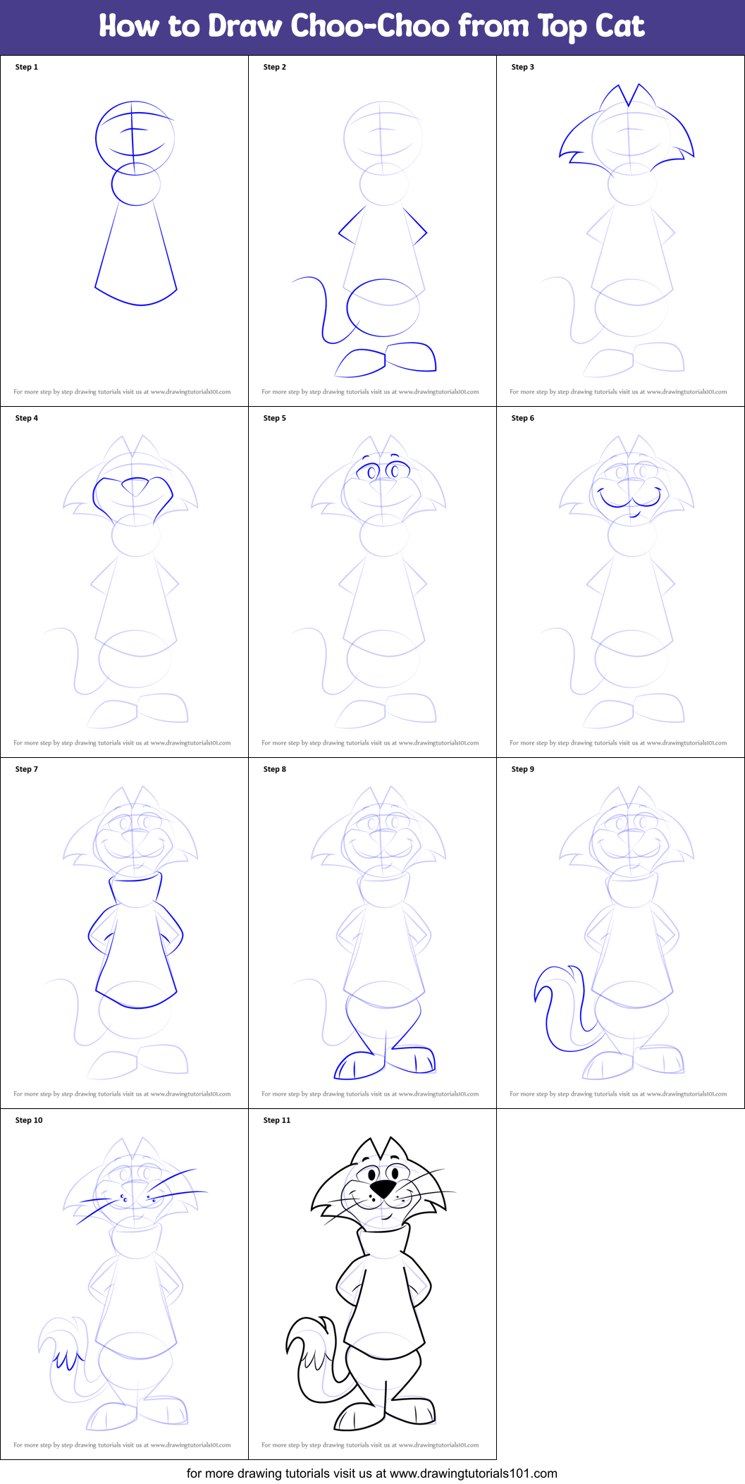 How to Draw Choo-Choo from Top Cat Printable Step by Step