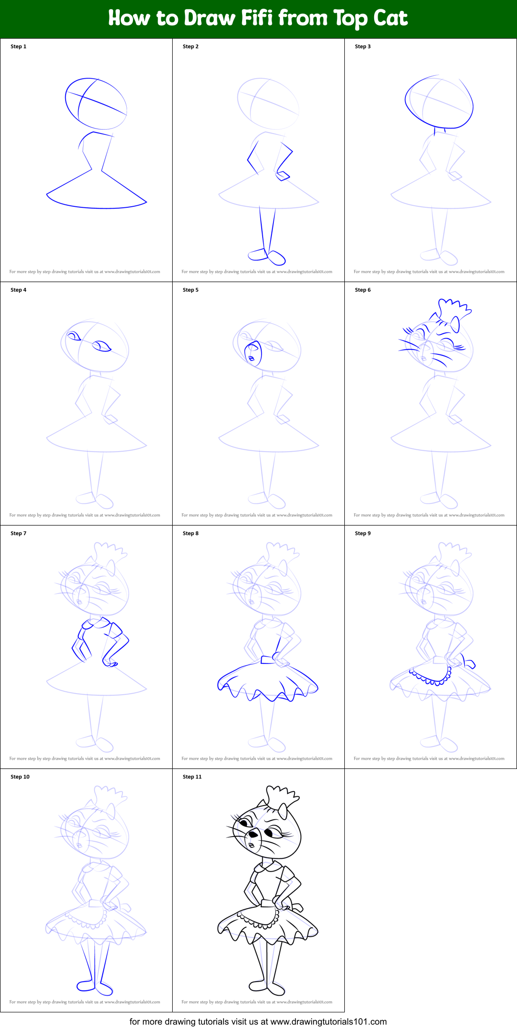How to Draw Fifi from Top Cat Printable Step by Step