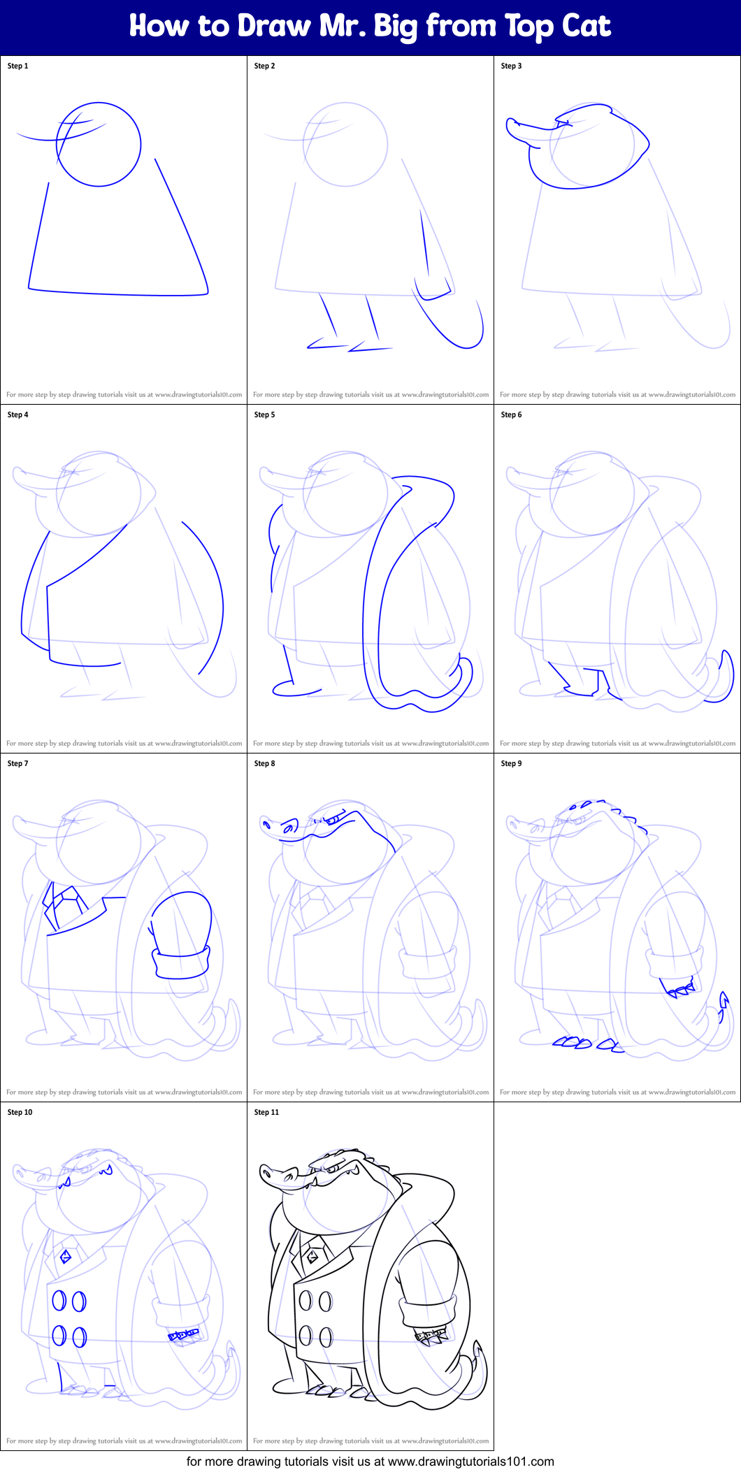 How to Draw Mr. Big from Top Cat Printable Step by Step