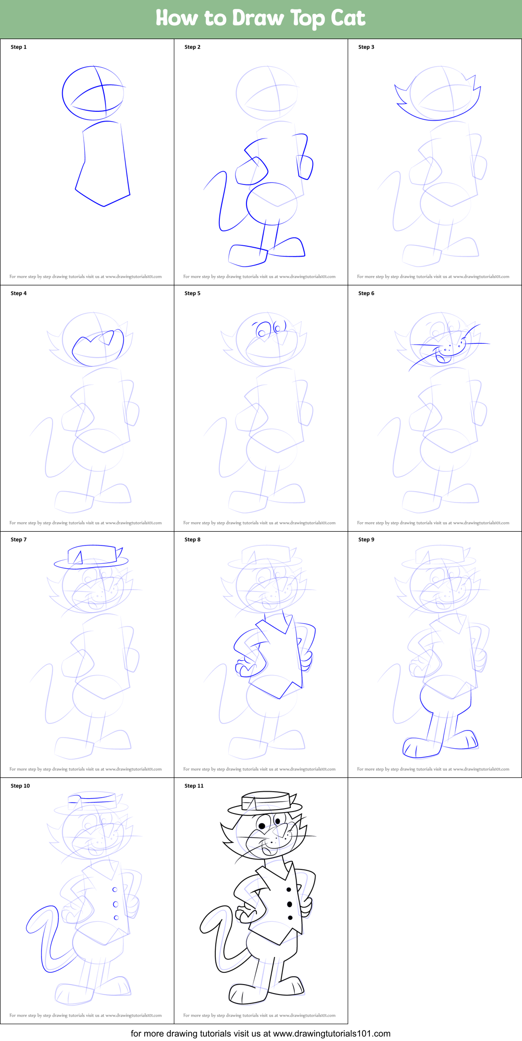 How to Draw Top Cat Printable Step by Step
