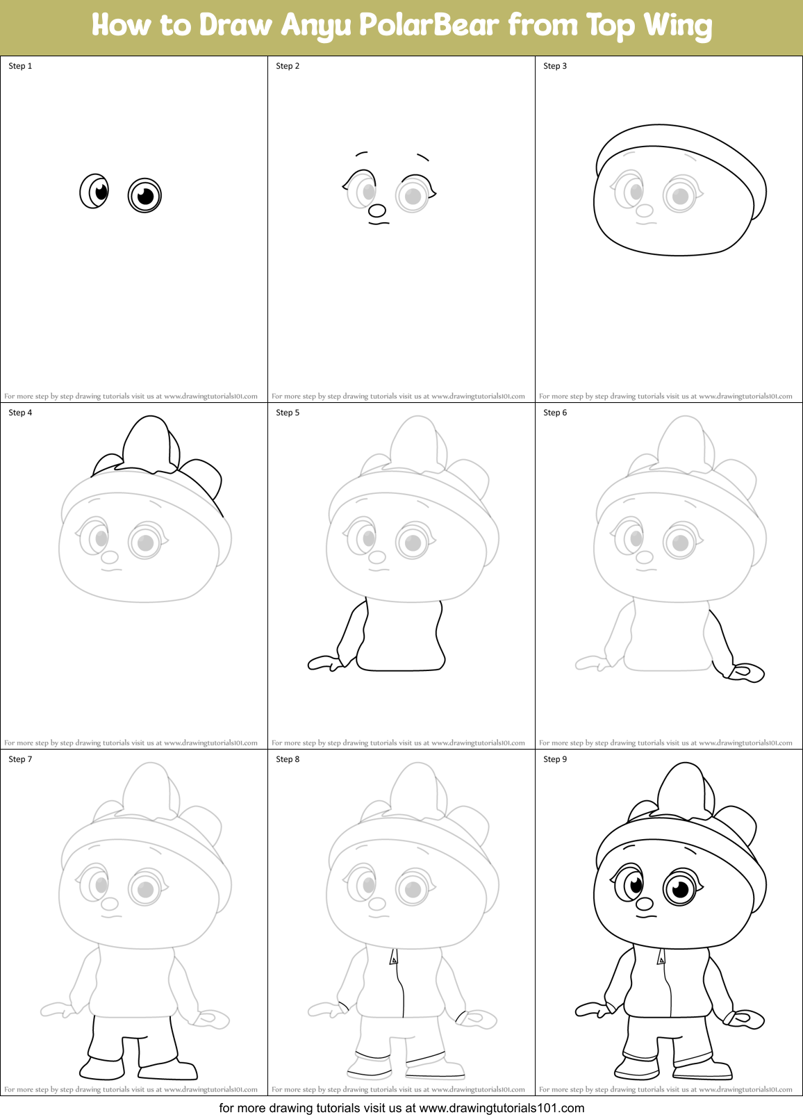 How to Draw Anyu PolarBear from Top Wing Printable Step by Step