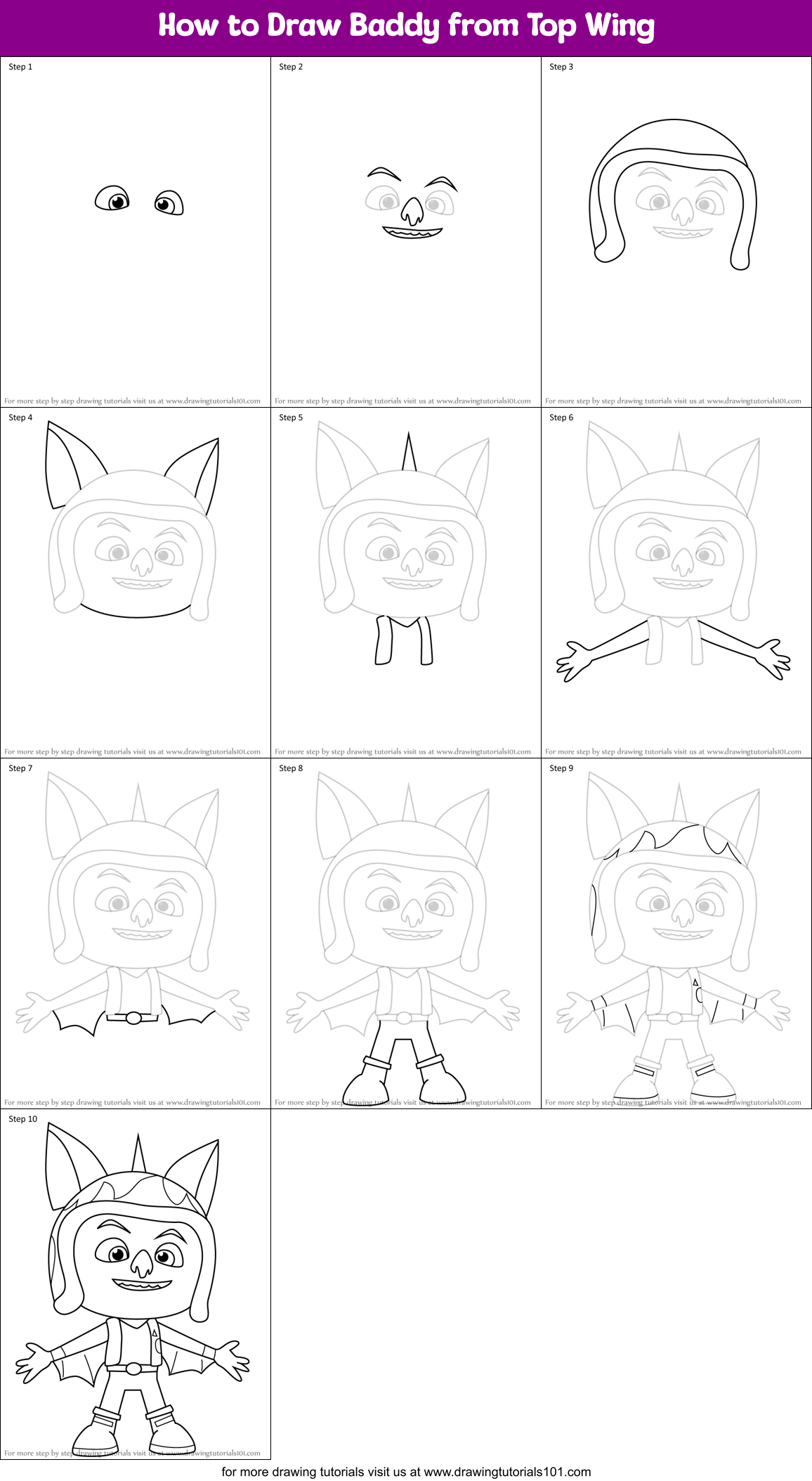 How to Draw Baddy from Top Wing Printable Step by Step