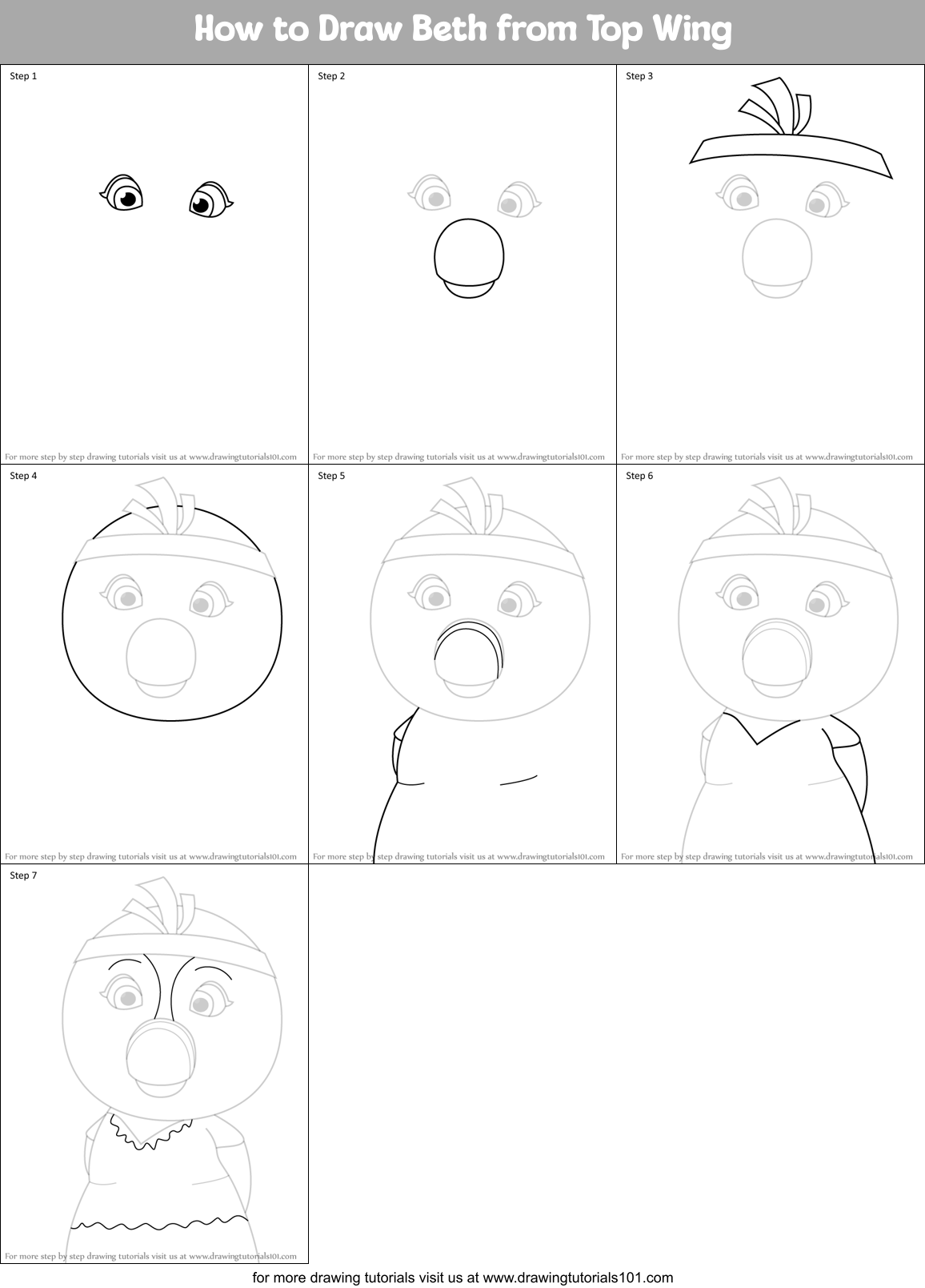 How to Draw Beth from Top Wing Printable Step by Step