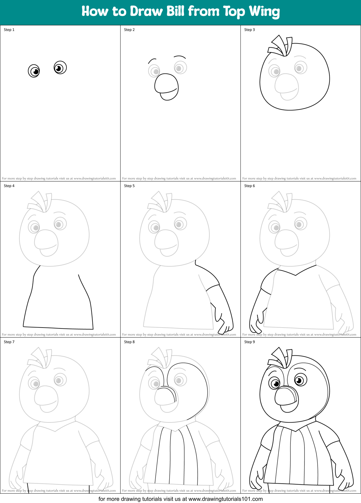 How to Draw Bill from Top Wing Printable Step by Step