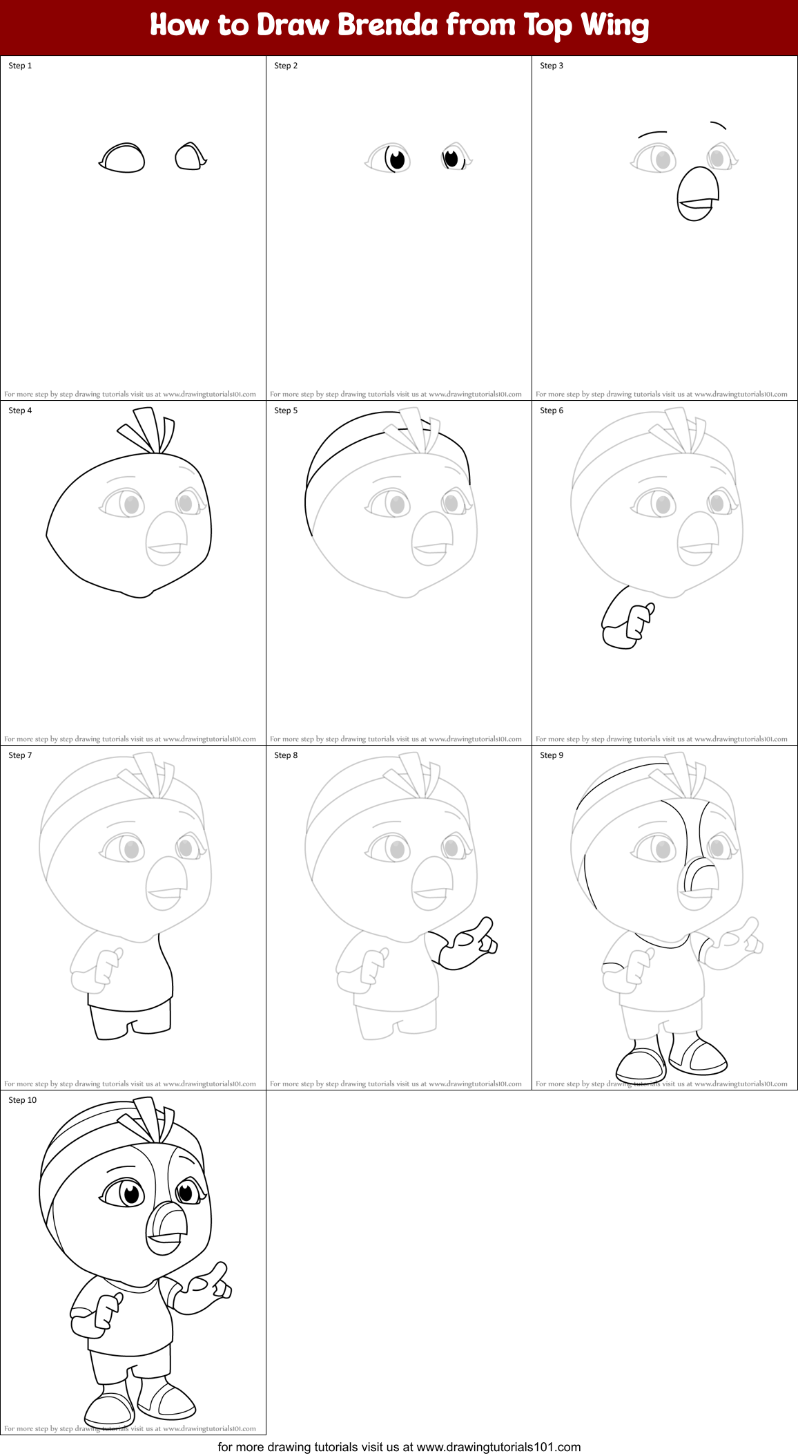How to Draw Brenda from Top Wing Printable Step by Step