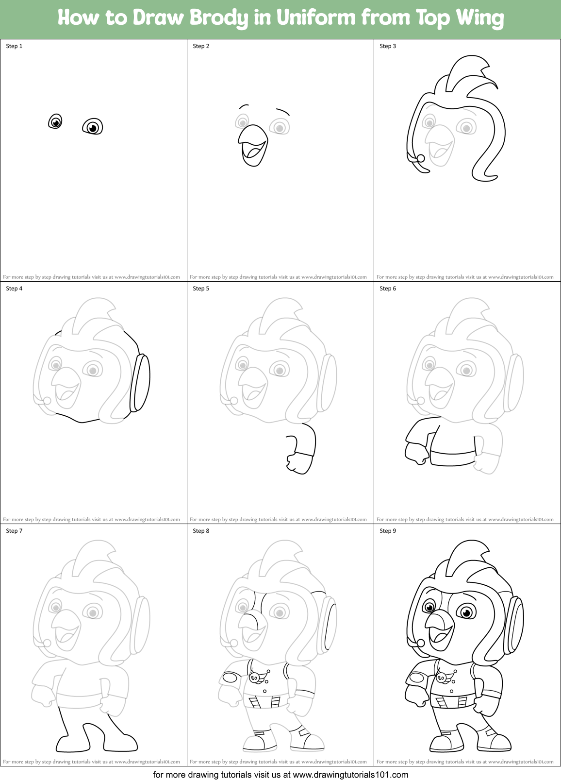 How to Draw Brody in Uniform from Top Wing Printable Step by Step