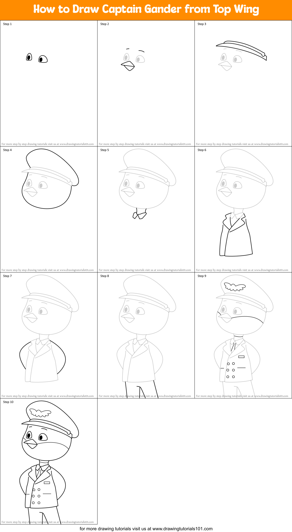 How to Draw Captain Gander from Top Wing Printable Step by Step