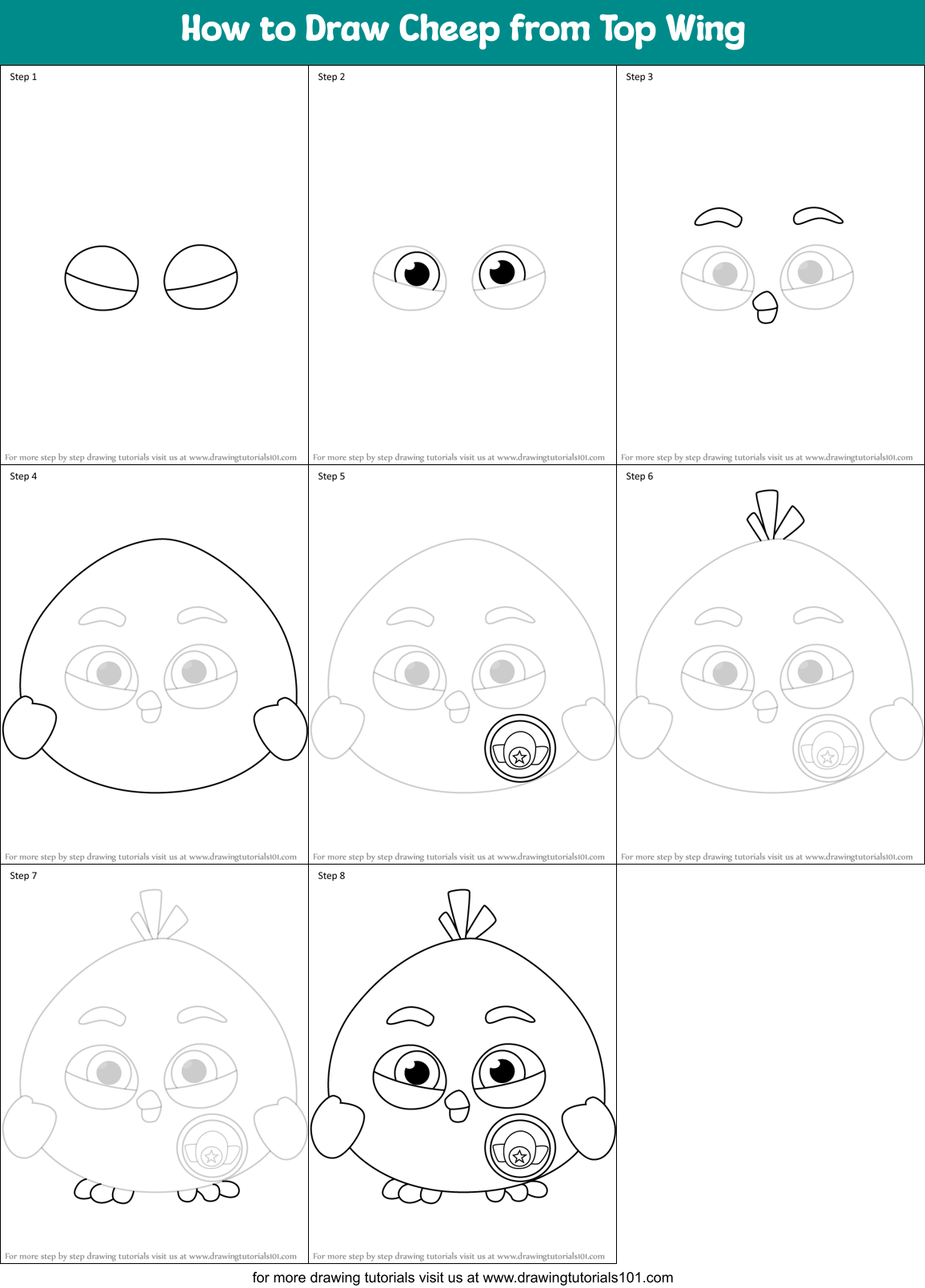 How to Draw Cheep from Top Wing Printable Step by Step