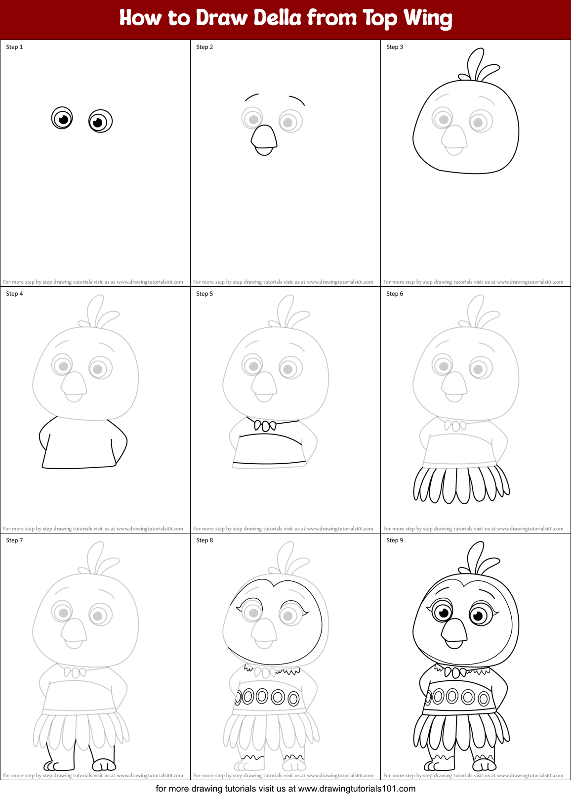 How to Draw Della from Top Wing Printable Step by Step