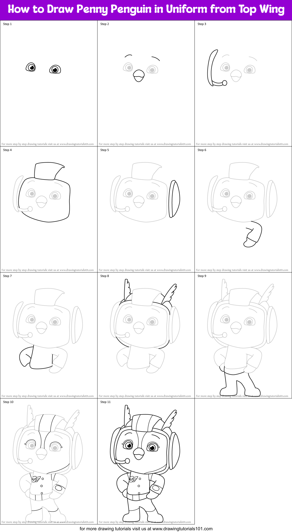 How to Draw Penny Penguin in Uniform from Top Wing Printable Step by Step