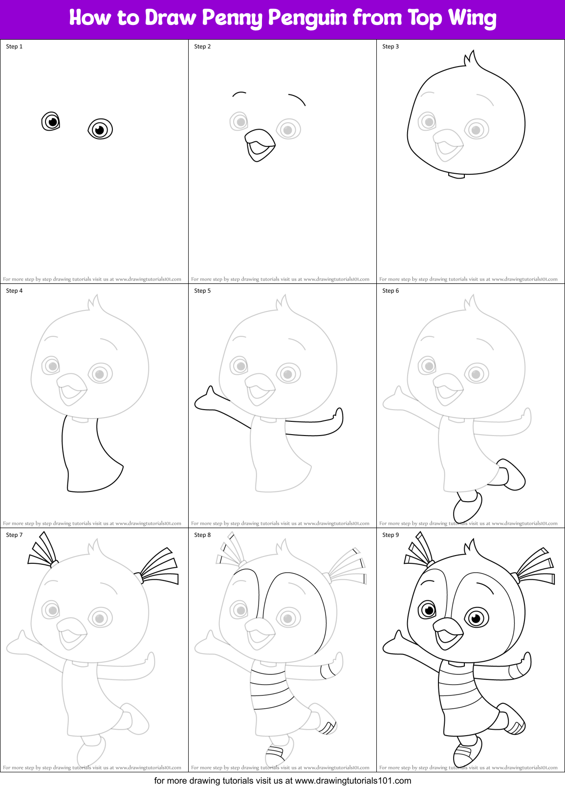 How to Draw Penny Penguin from Top Wing Printable Step by Step