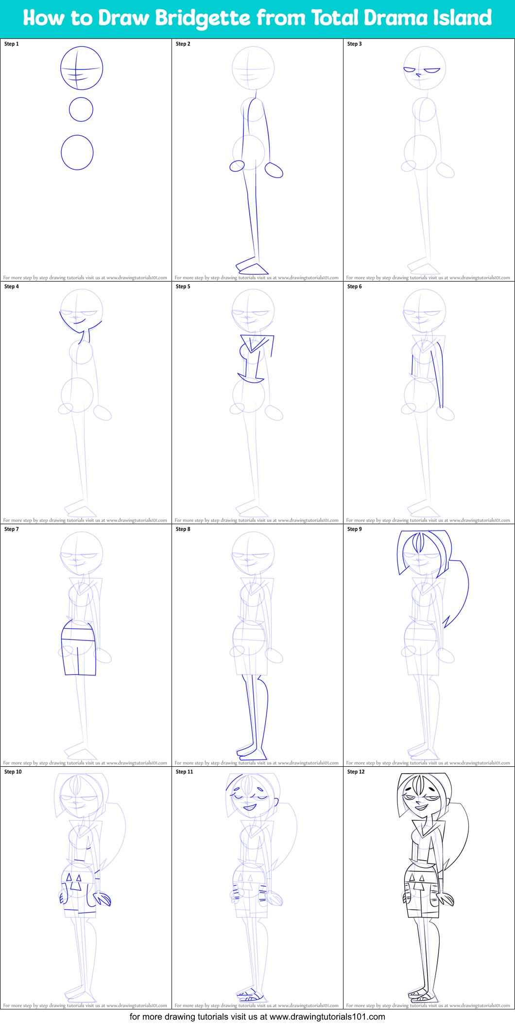 How to Draw Bridgette from Total Drama Island Printable Step by Step