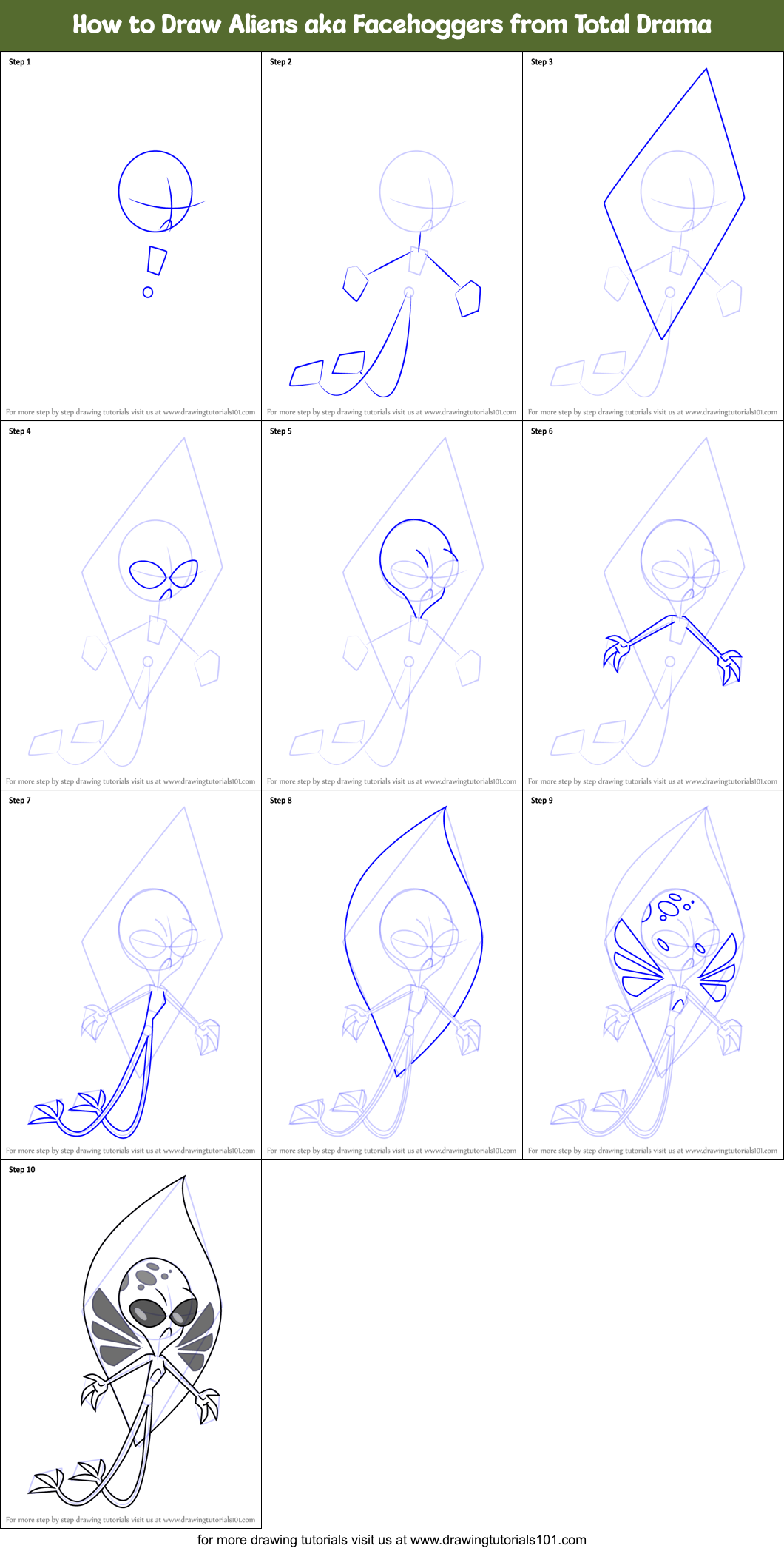 How to Draw Aliens aka Facehoggers from Total Drama Printable Step by Step