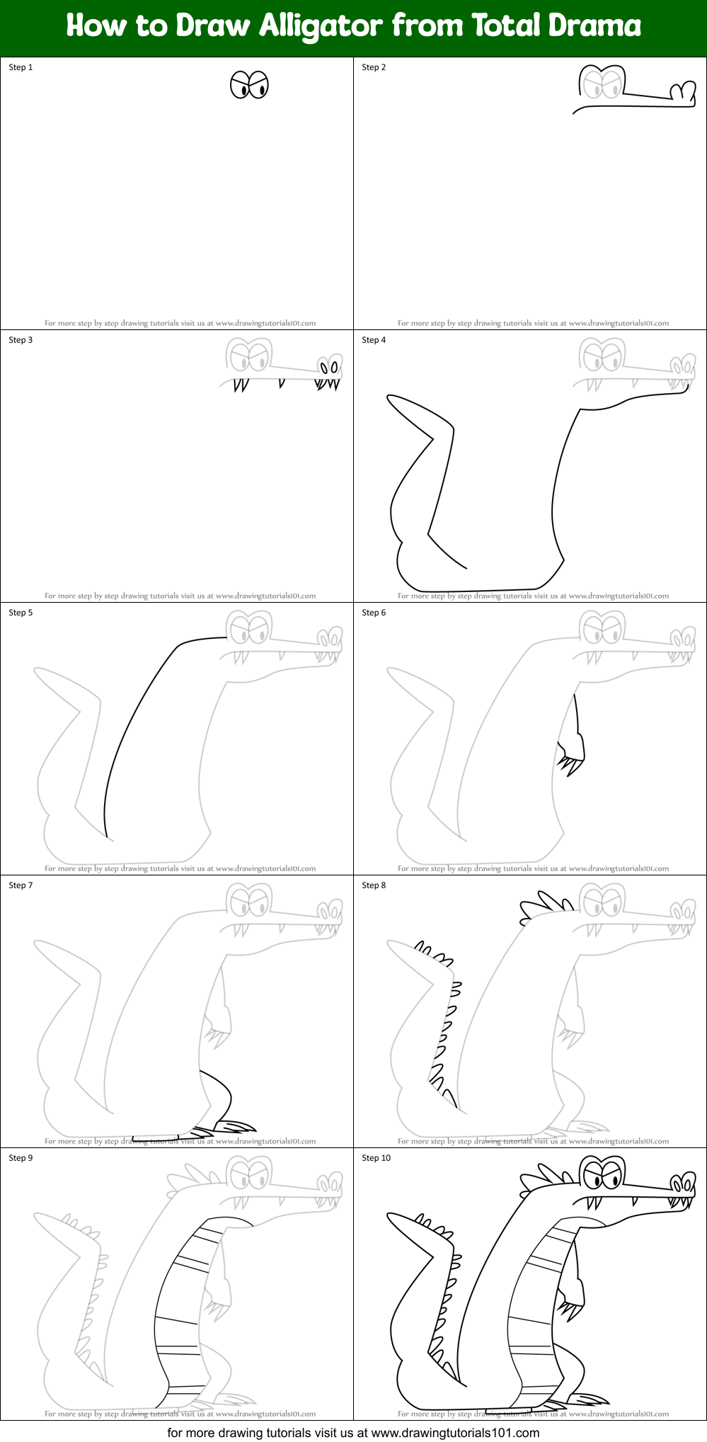 How to Draw Alligator from Total Drama Printable Step by Step